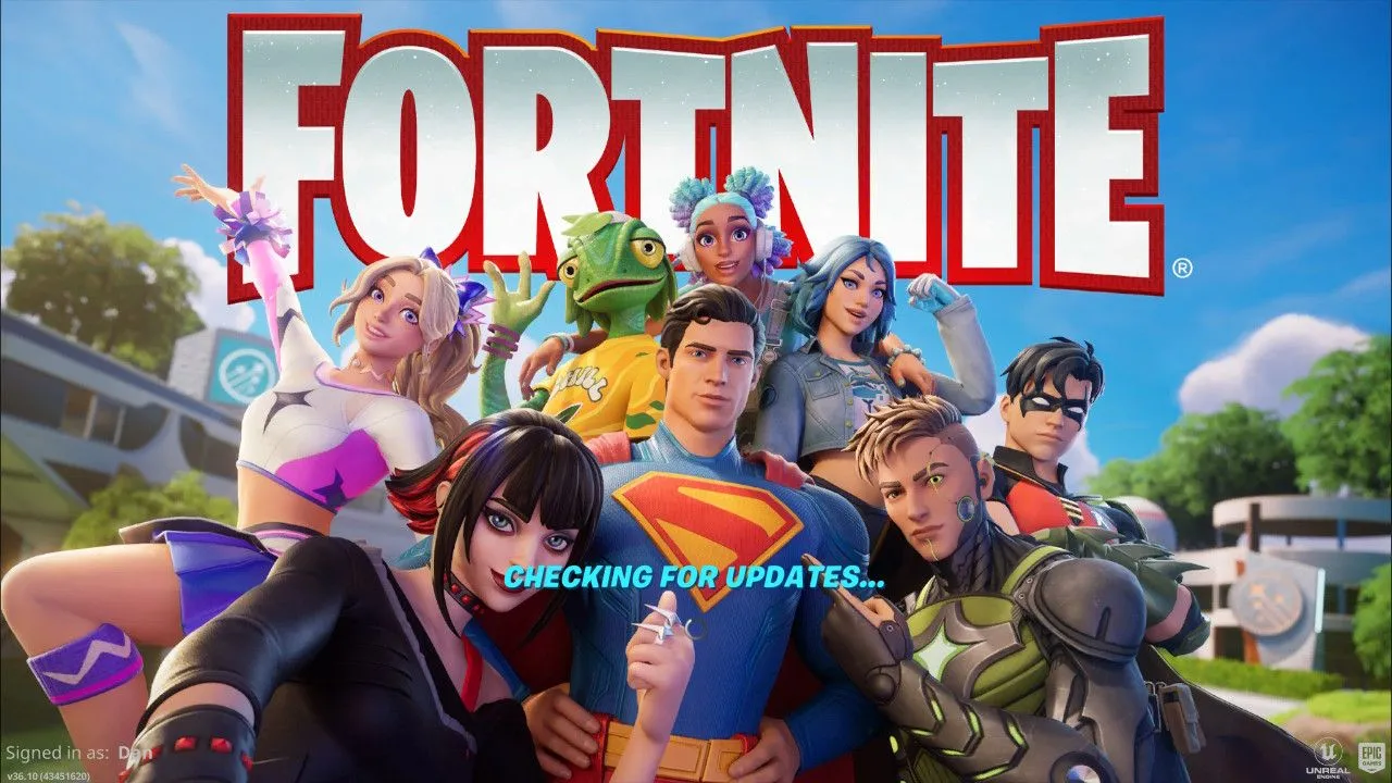 Màn hình kiểm tra và tải cập nhật của Fortnite, thể hiện thời gian chờ đợi phổ biến trong game free-to-play.