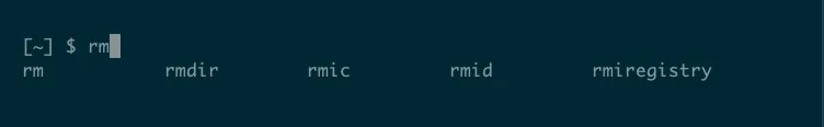 Màn hình Linux shell hiển thị các lệnh có sẵn bắt đầu bằng chuỗi "rm".