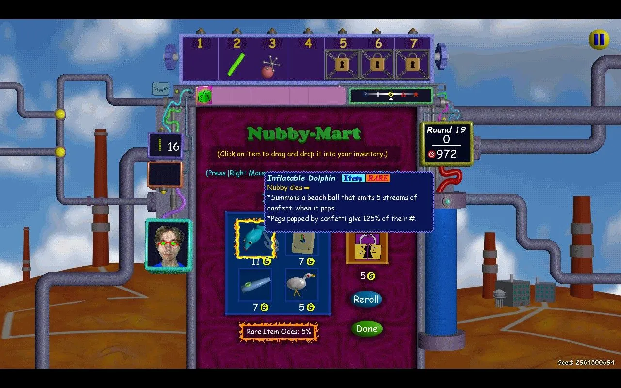 Màn hình lựa chọn nâng cấp và vật phẩm trong game roguelike Nubby's Number Factory