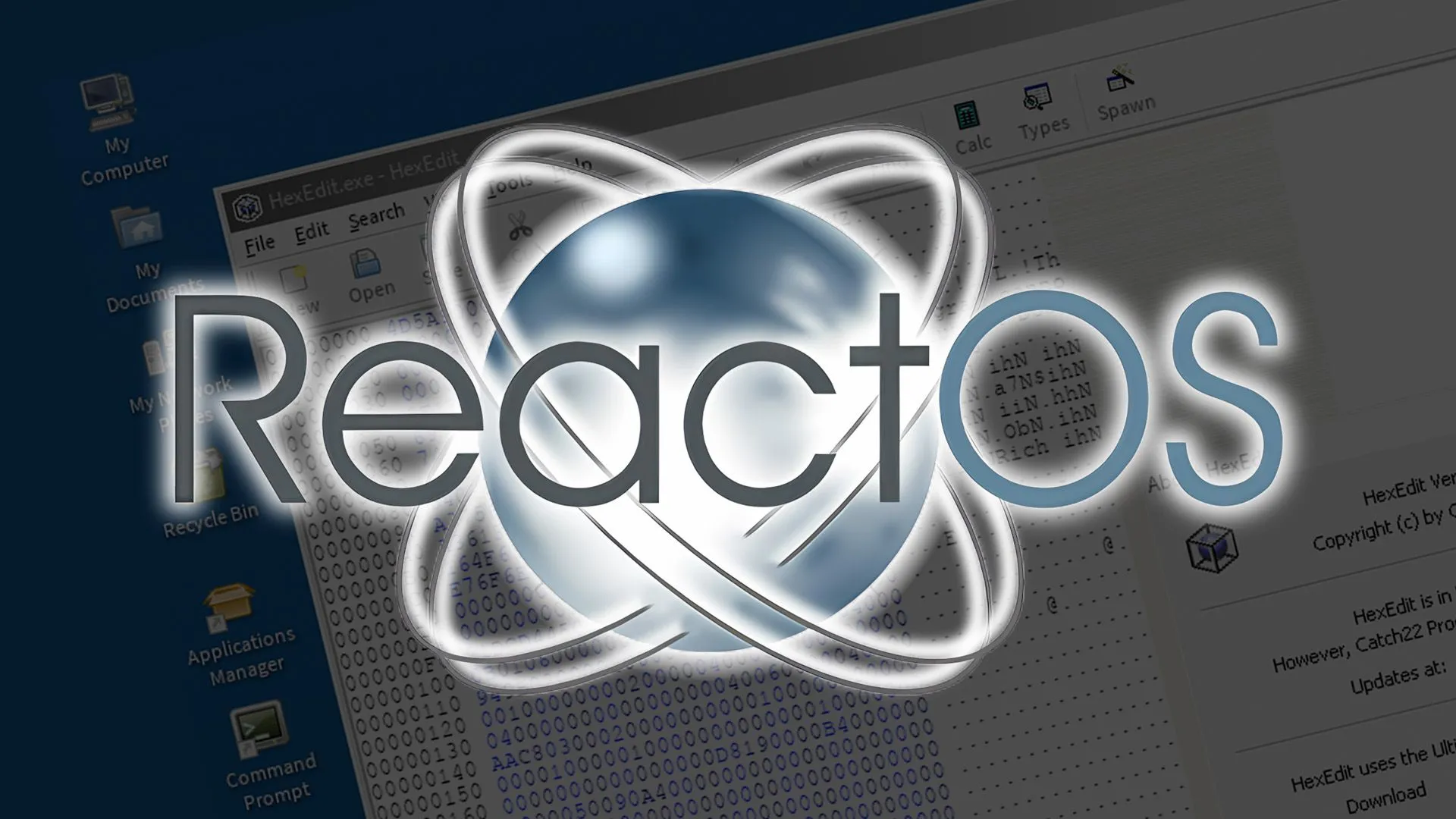 Màn hình máy tính hiển thị logo ReactOS và giao diện người dùng trông giống Windows.