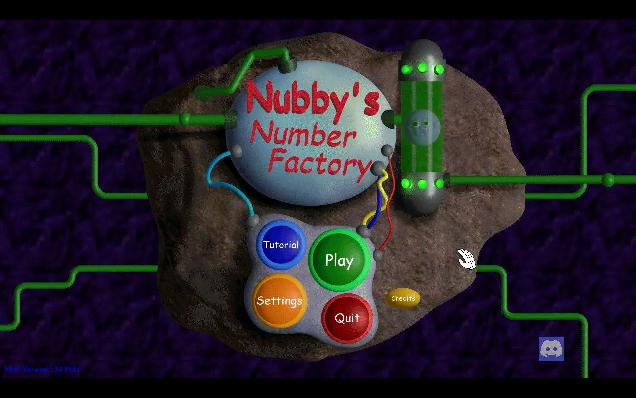 Màn hình menu chính của game Nubby's Number Factory với giao diện đồ họa retro kiểu Windows XP