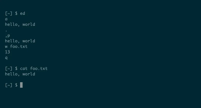 Màn hình terminal hiển thị trình soạn thảo văn bản ed trong Linux với các lệnh tạo và lưu tệp.