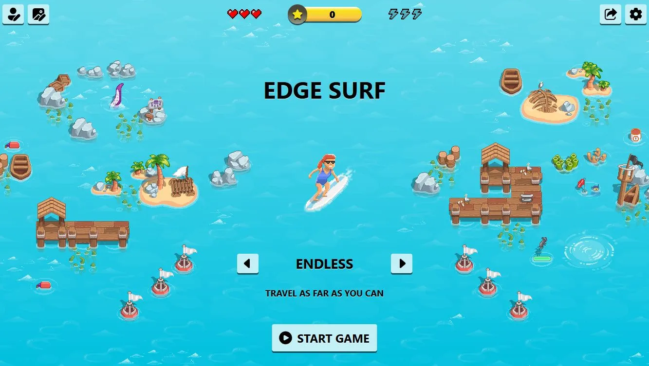 Màn hình tiêu đề của trò chơi lướt sóng Edge Surf trên trình duyệt Microsoft Edge.