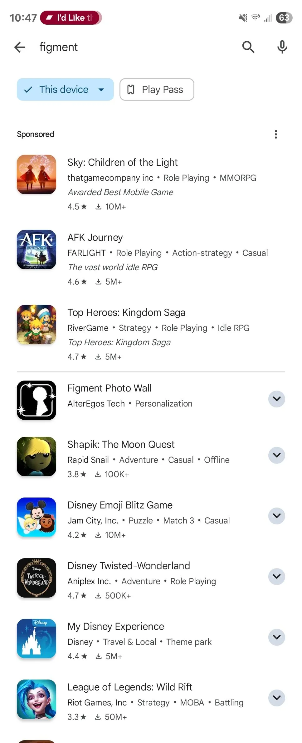 Màn hình tìm kiếm Figment trên Google Play Store không có kết quả