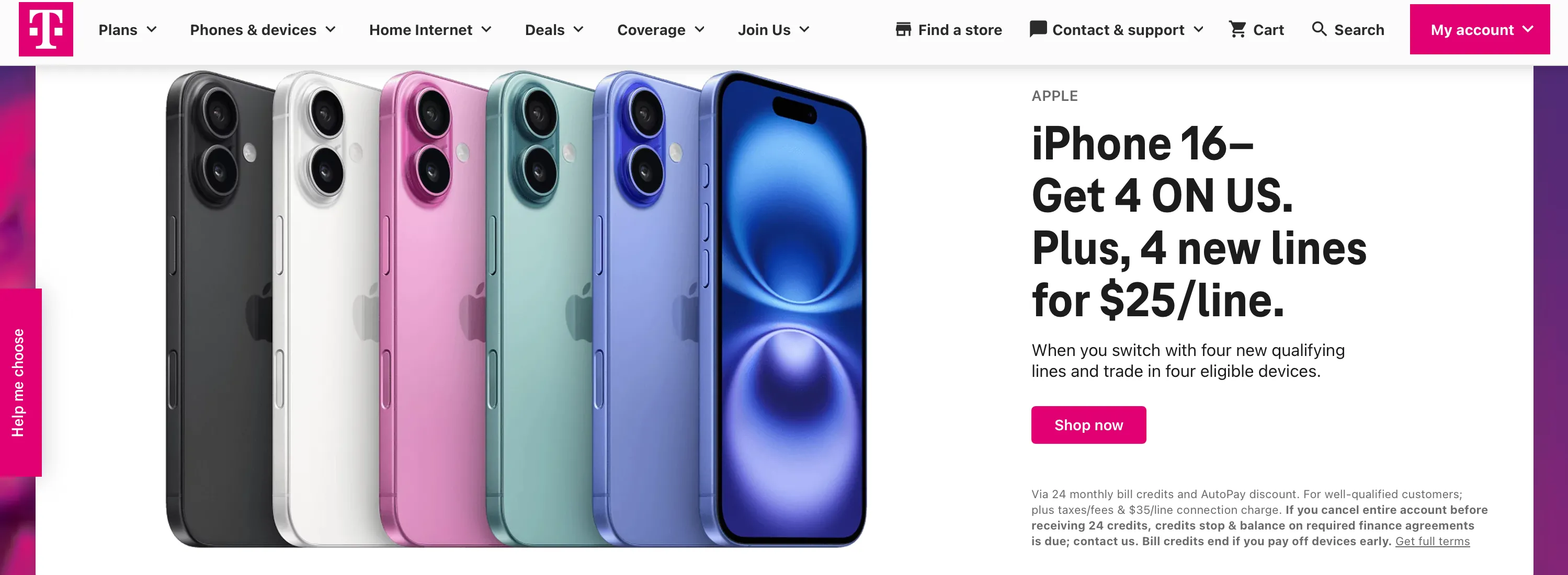Màn hình trang chủ T-Mobile hiển thị ưu đãi iPhone 16.