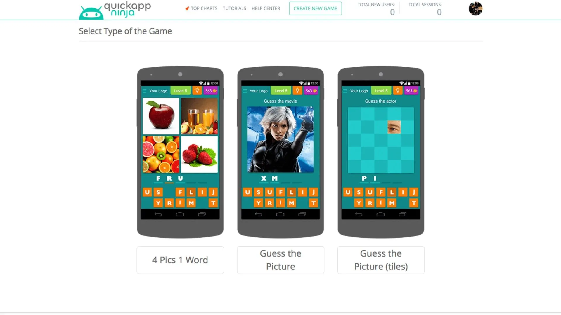 Màn hình trò chơi đố vui được tạo bằng QuickAppNinja, minh họa khả năng tạo game Android không cần code