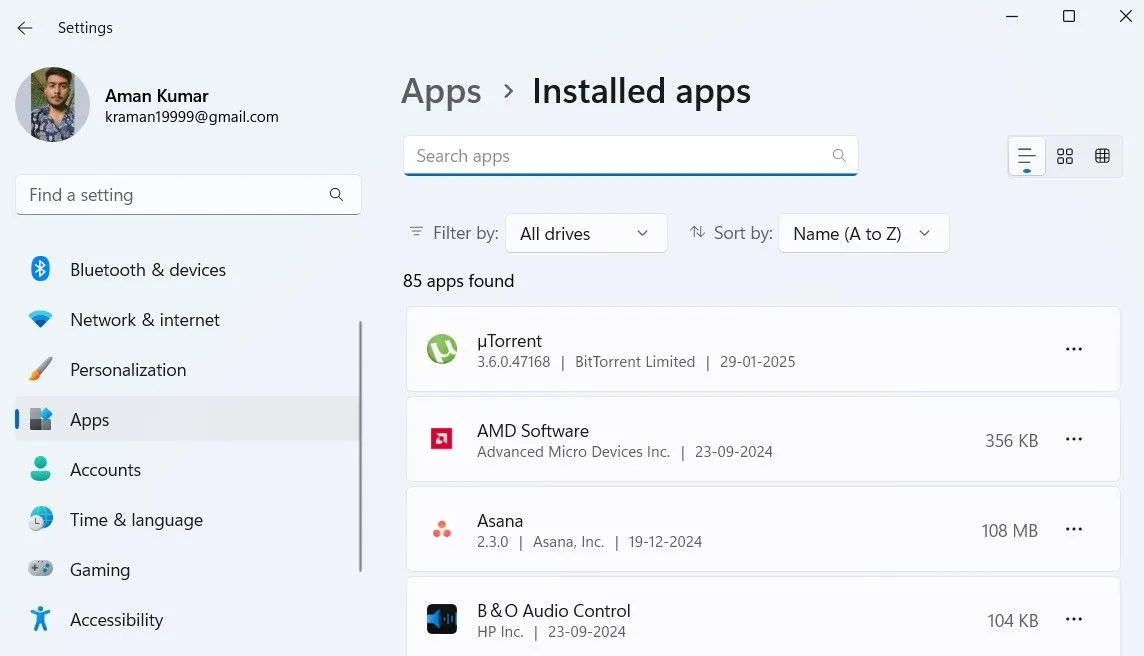 Màn hình &quot;Ứng dụng đã cài đặt&quot; trong Cài đặt Windows để kiểm tra phần mềm
