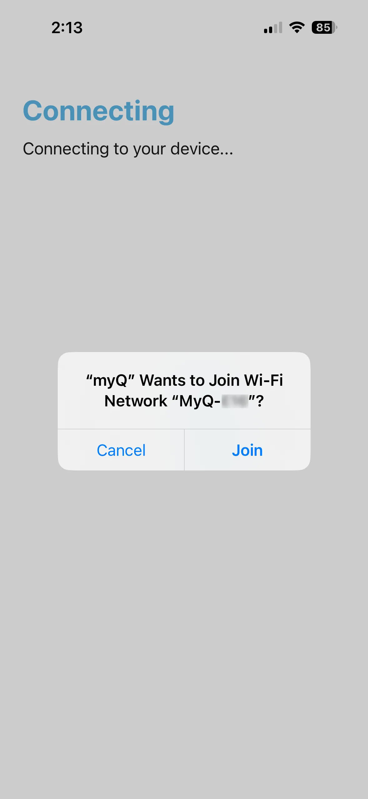 Màn hình ứng dụng MyQ trên iOS yêu cầu kết nối Wi-Fi