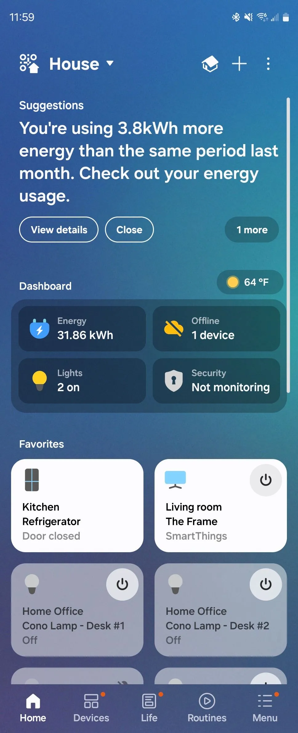 Màn hình ứng dụng Samsung SmartThings trên điện thoại Android, hiển thị các thông tin chi tiết và dữ liệu về thiết bị thông minh trong nhà.