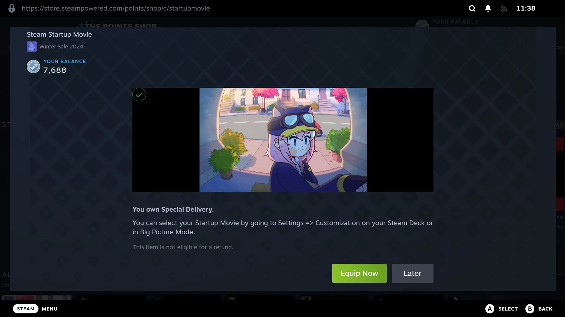 Màn hình xác nhận sau khi mua một phim khởi động Steam từ Cửa hàng Điểm, với tùy chọn &quot;Equip Now&quot; để áp dụng ngay lập tức hoặc &quot;Later&quot; để trang bị sau.