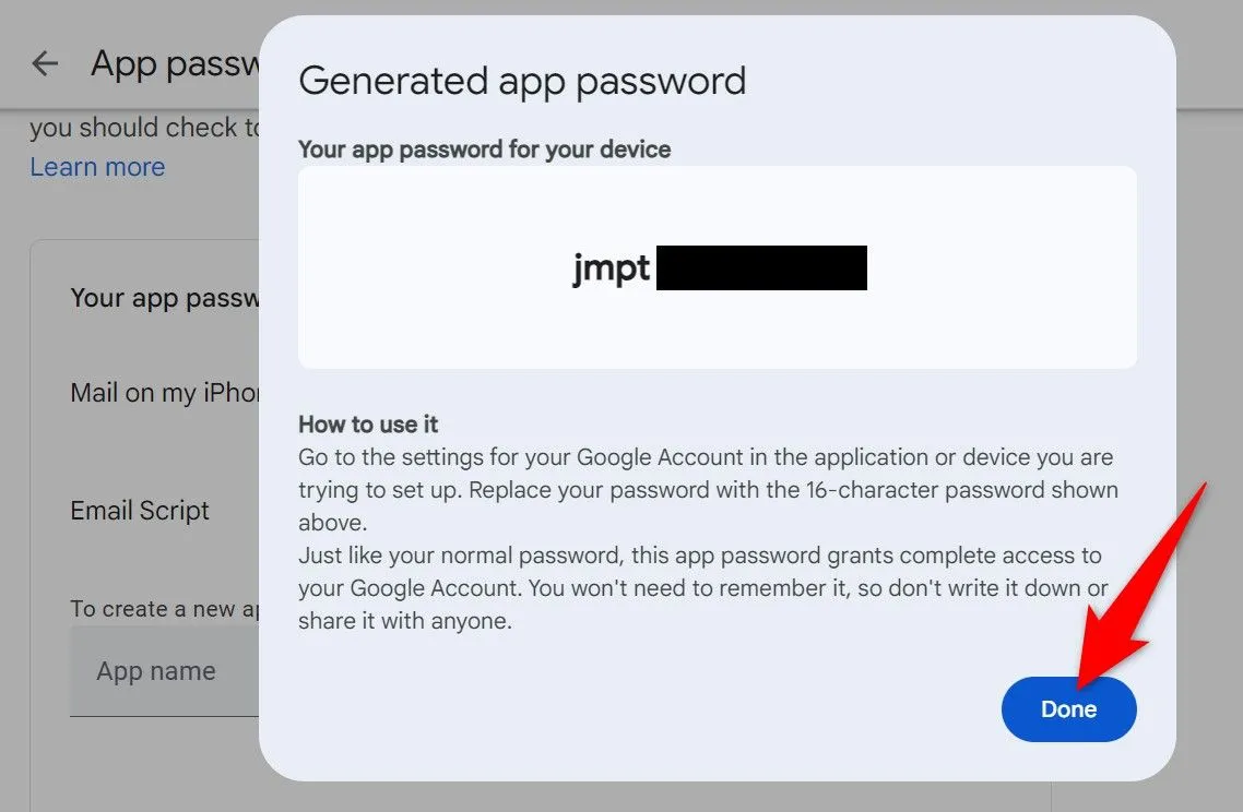 Mật khẩu ứng dụng đã tạo của Google được hiển thị trong cửa sổ, sẵn sàng để sao chép và sử dụng