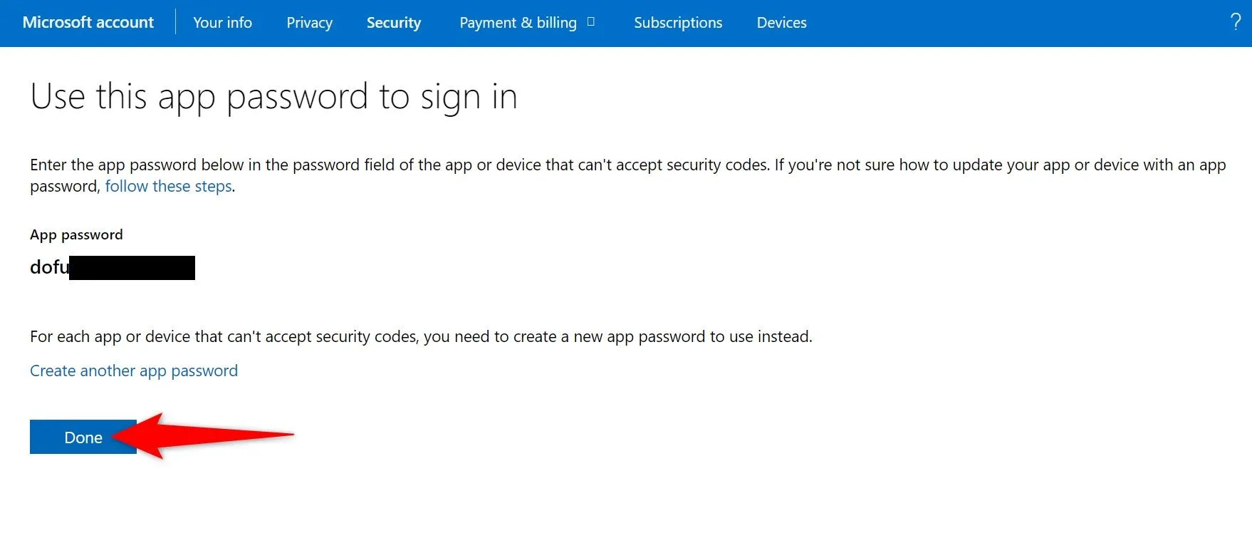 Mật khẩu ứng dụng đã tạo của Microsoft hiển thị sẵn sàng để sao chép và sử dụng