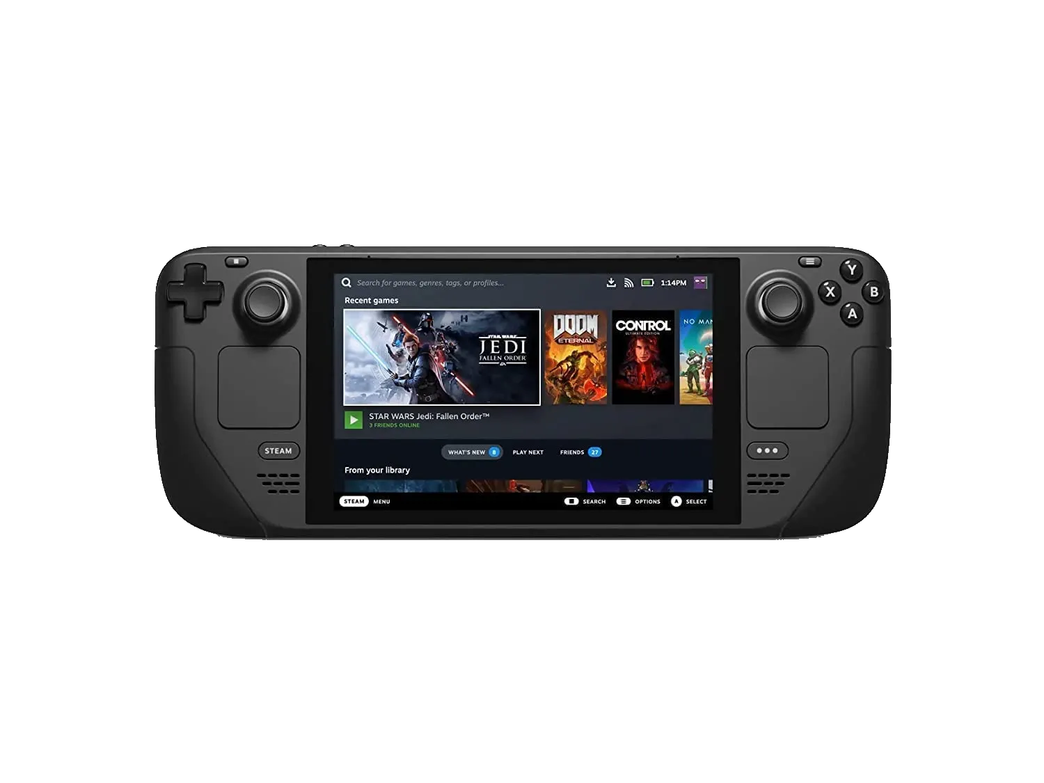 Mặt trước của máy chơi game cầm tay Steam Deck nguyên bản, minh họa thiết kế tổng thể.