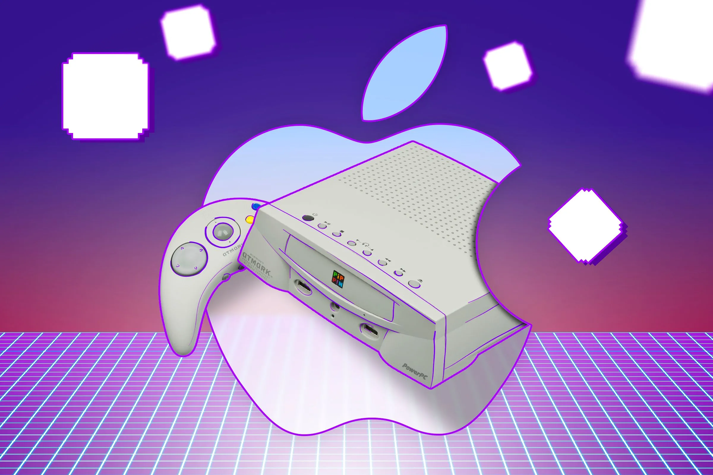 Máy chơi game Apple Pippin trên nền phong cách retro