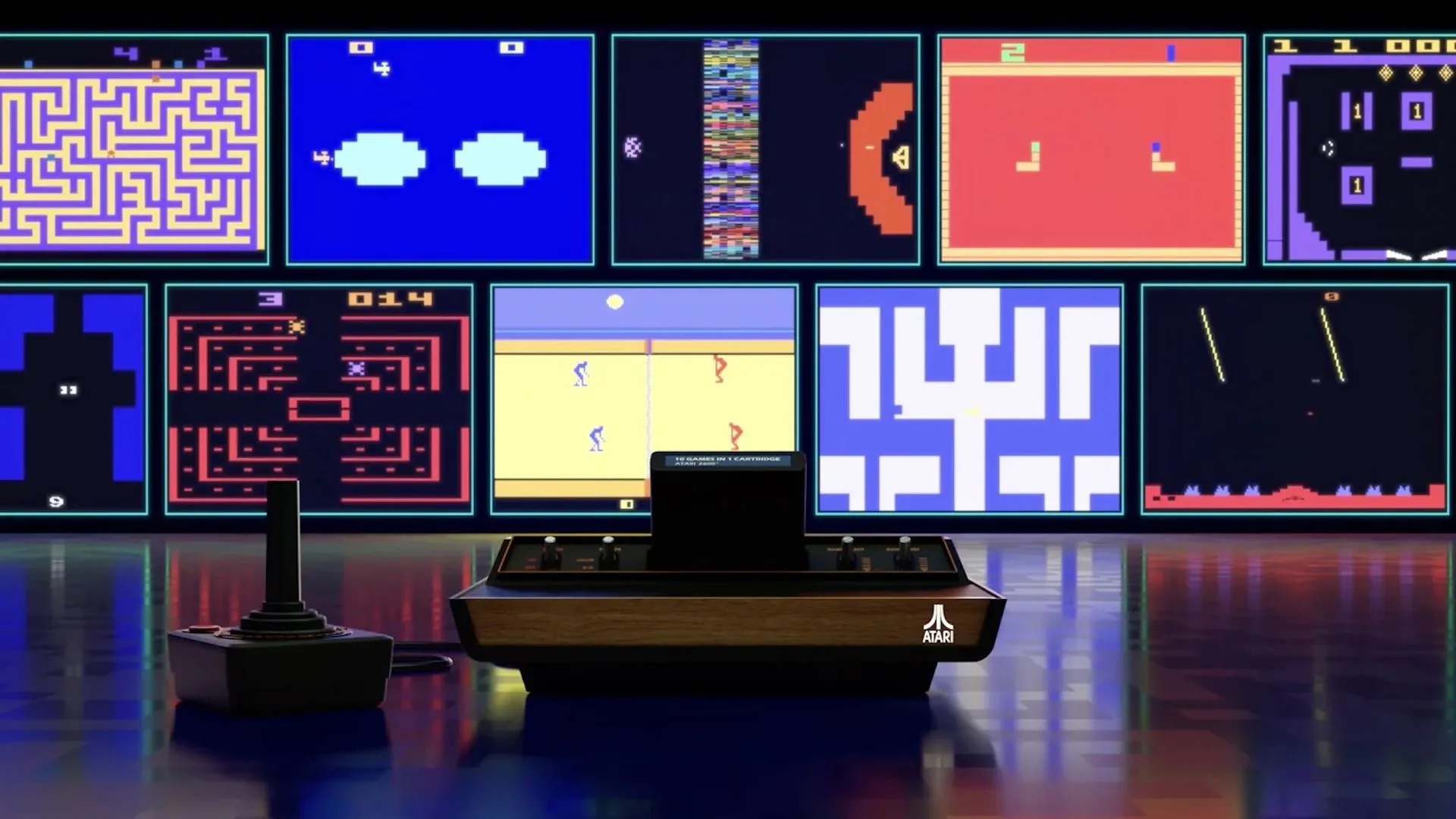 Máy chơi game Atari 2600+ với cần điều khiển và các ảnh chụp màn hình game Atari cổ điển