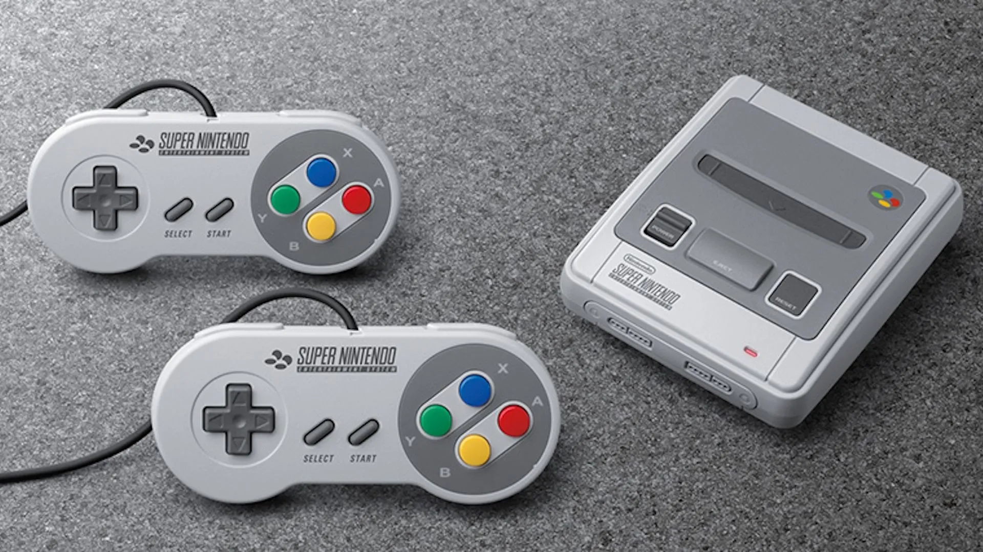 Máy chơi game SNES Classic Edition cùng hai tay cầm theo phong cách cổ điển.