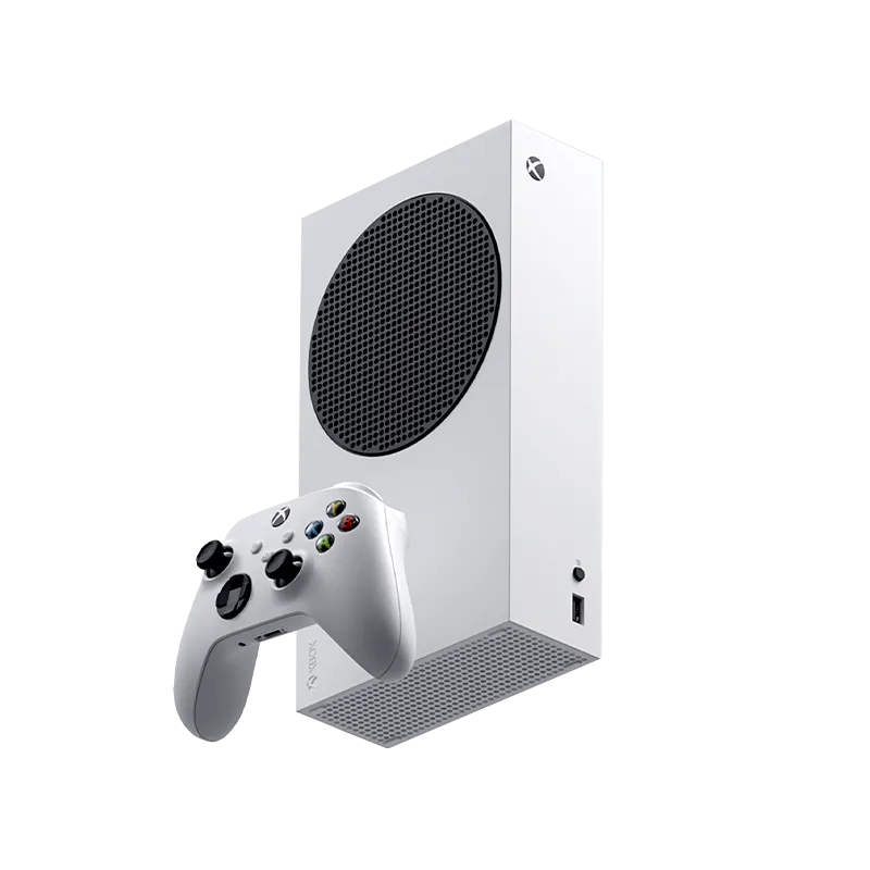 Máy chơi game Xbox Series S màu trắng, đặt cạnh bộ điều khiển cùng màu.