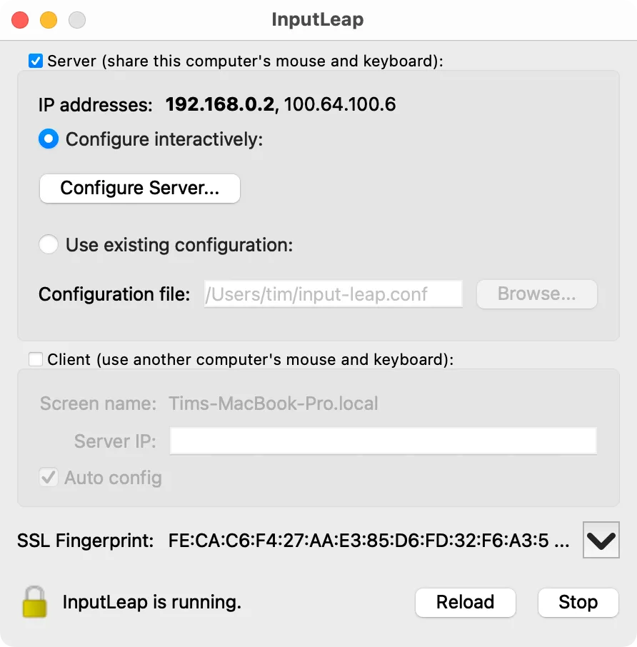 Máy chủ Input Leap đang chạy trên macOS.