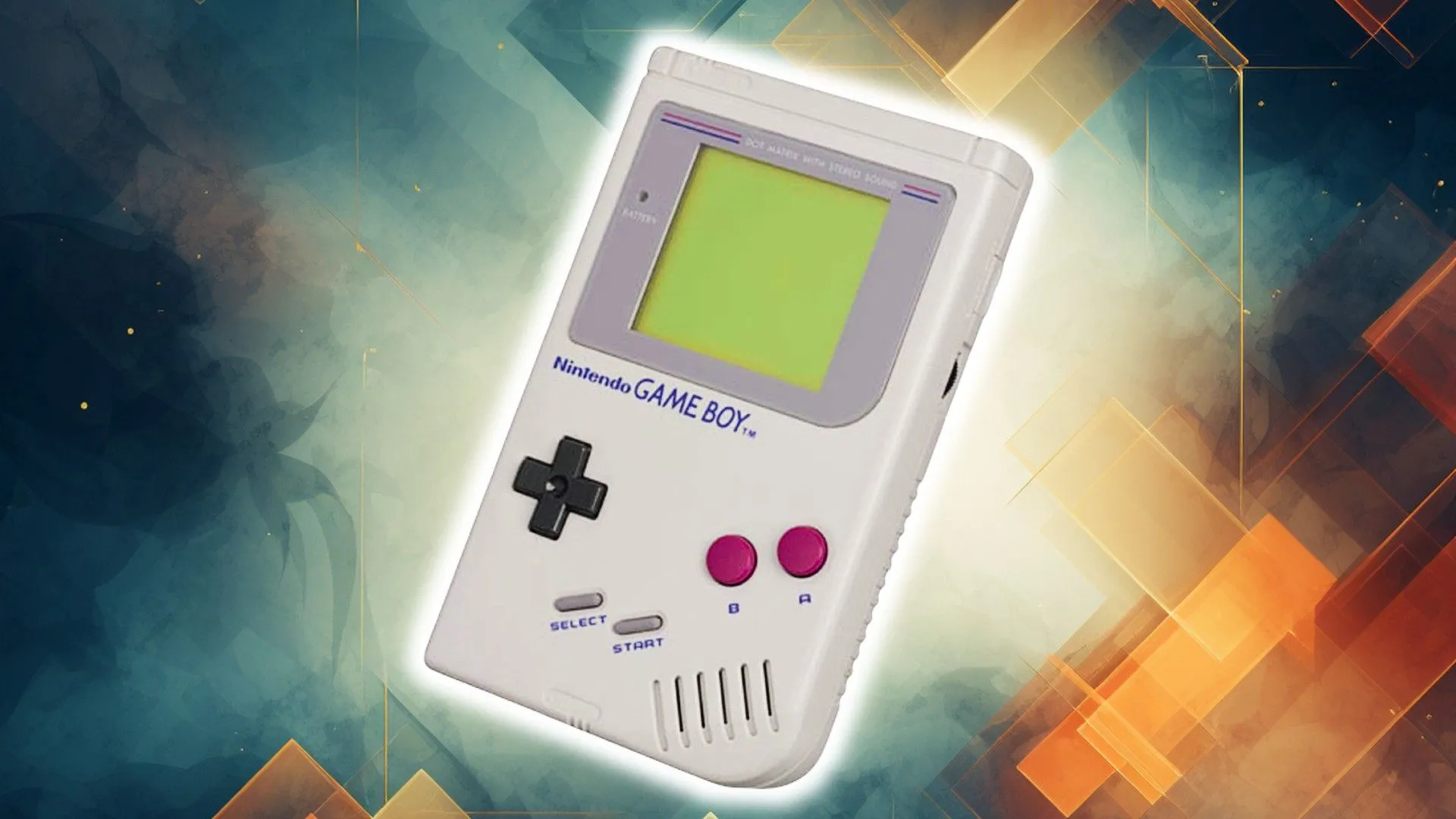 Máy Game Boy màu xám đặt trên nền hình lục giác màu xanh và cam, minh họa khả năng kết nối đa người chơi