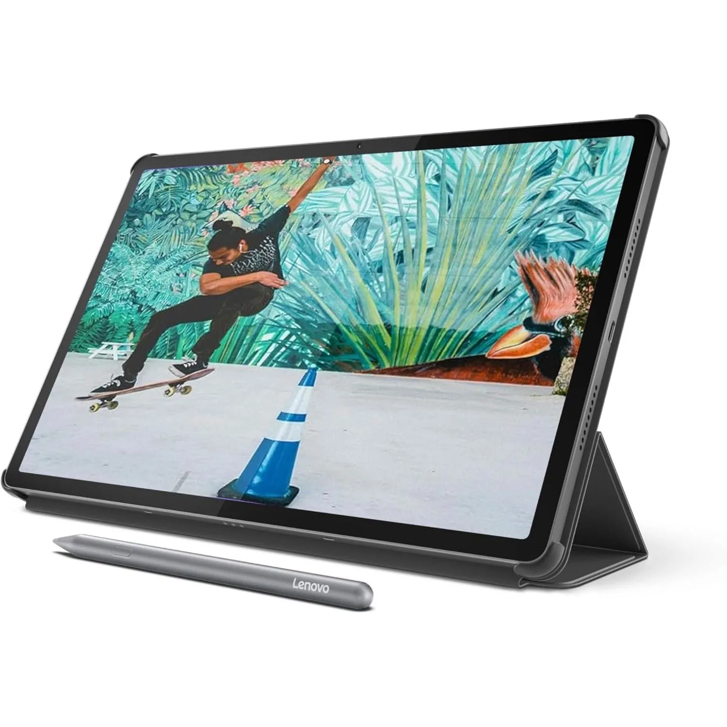 Máy tính bảng Lenovo Idea Tab Pro trên nền trắng, màn hình hiển thị video trượt băng nghệ thuật sắc nét.