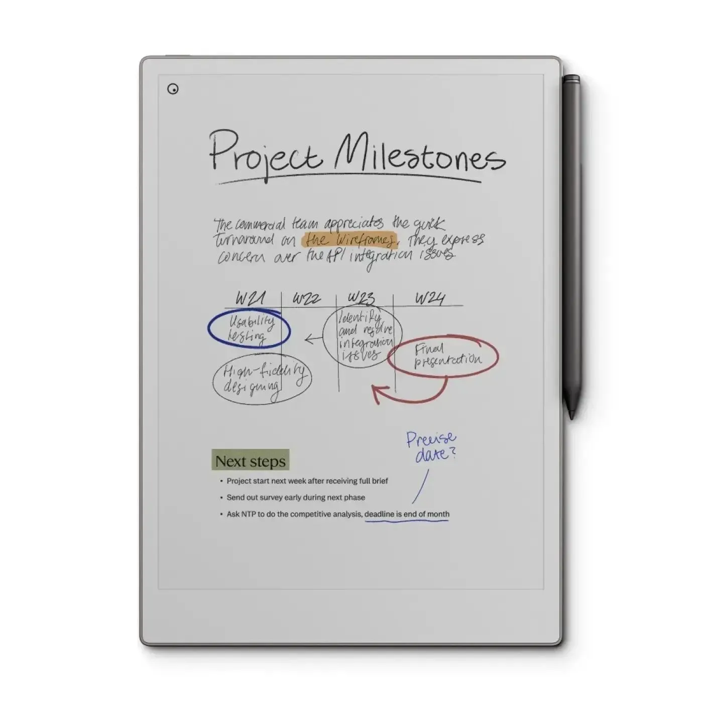 Máy tính bảng reMarkable Paper Pro với màn hình e-ink hiển thị nội dung ghi chú
