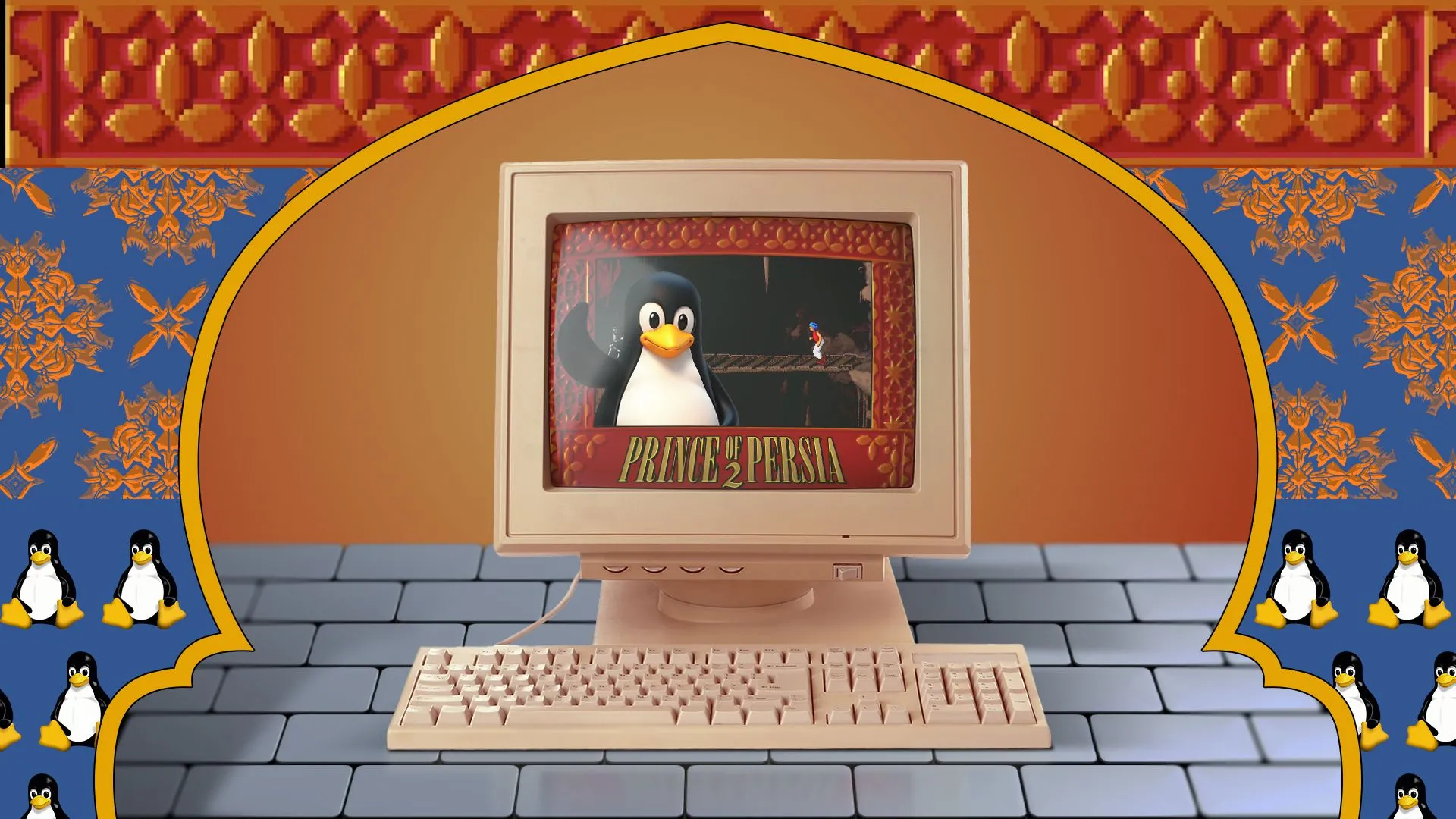 Máy tính cũ chạy game Prince of Persia 2 với biểu tượng Linux trên màn hình, minh họa lịch sử phát triển của hệ điều hành Linux từ những ngày đầu.