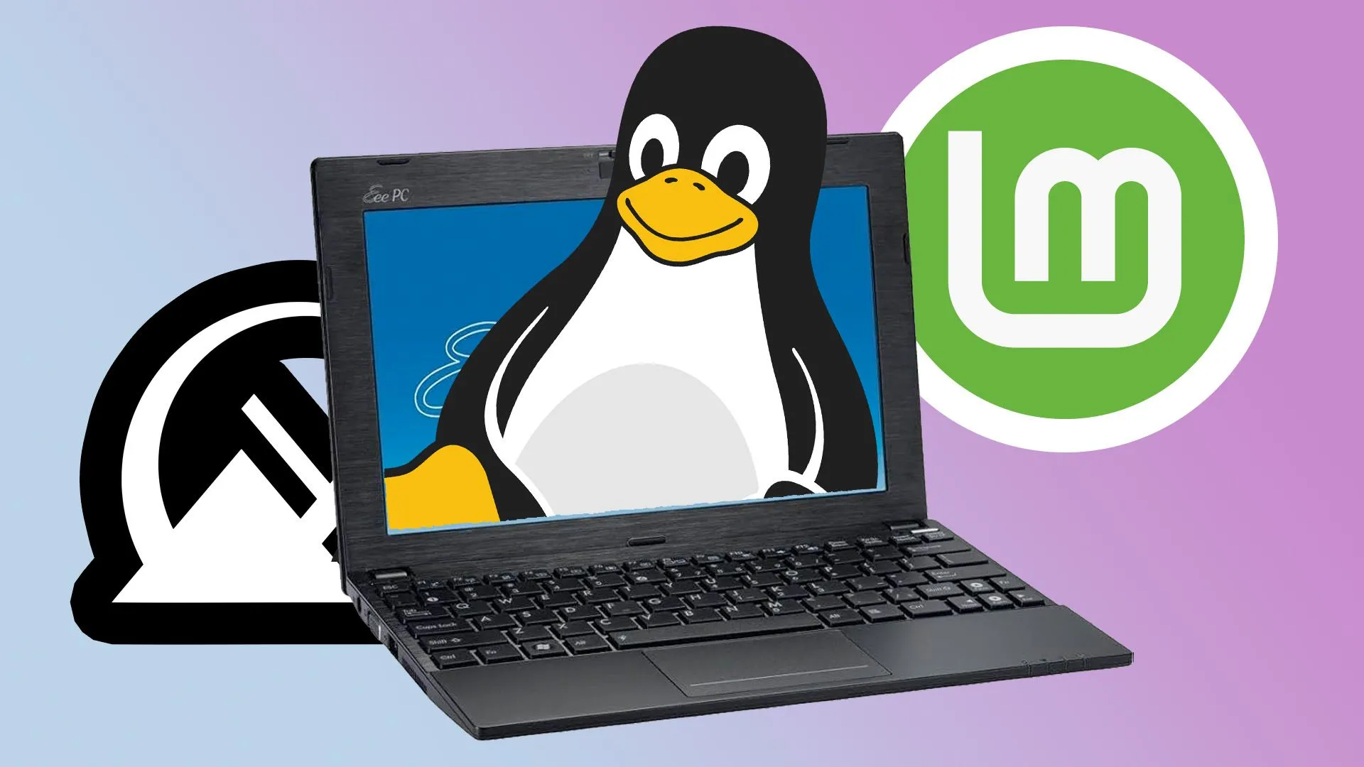 Máy tính Eee PC với các logo Linux, Mint và MX, tượng trưng cho hỗ trợ 32-bit