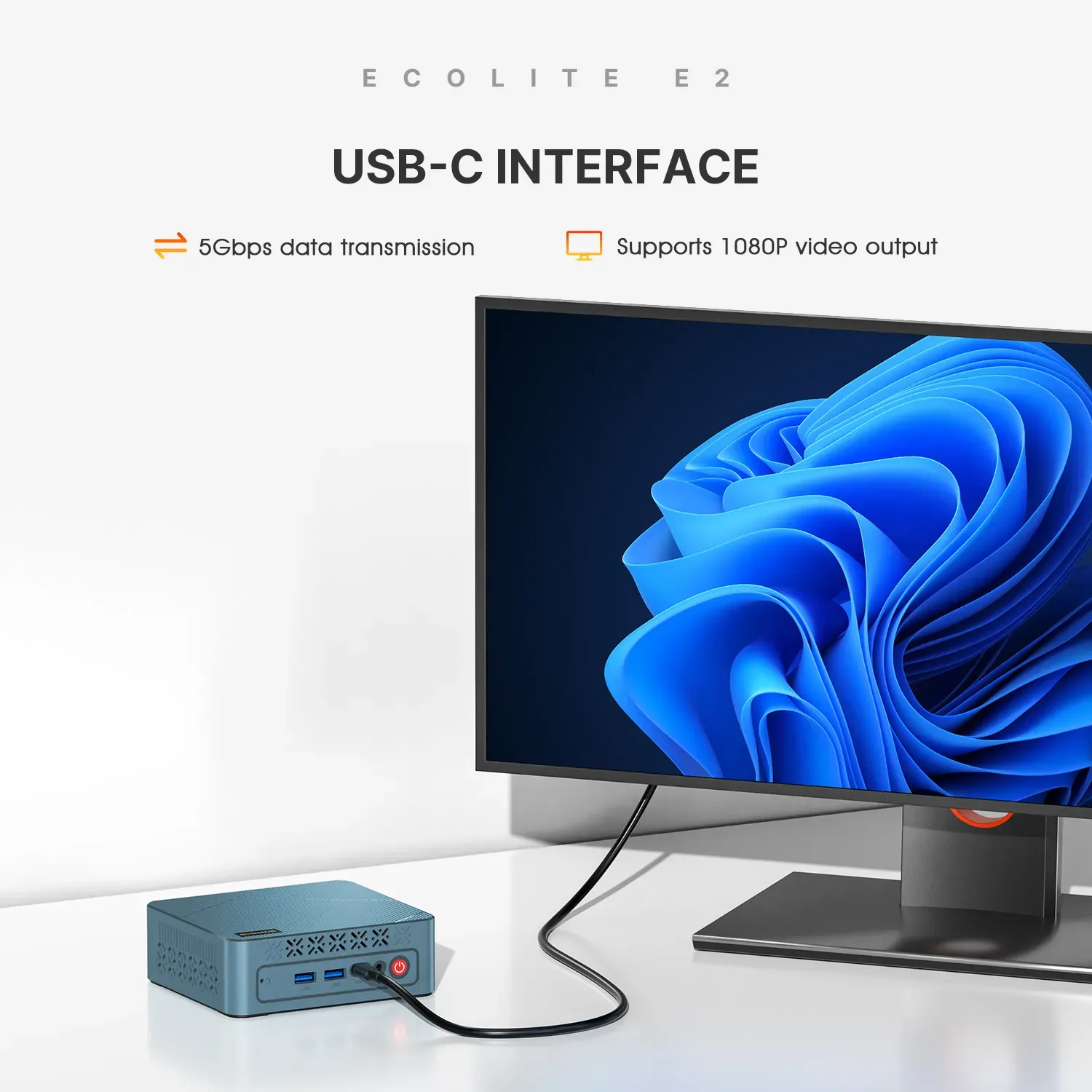 Máy tính mini BOSGAME E2 với đèn LED xanh lam nổi bật ở mặt trước