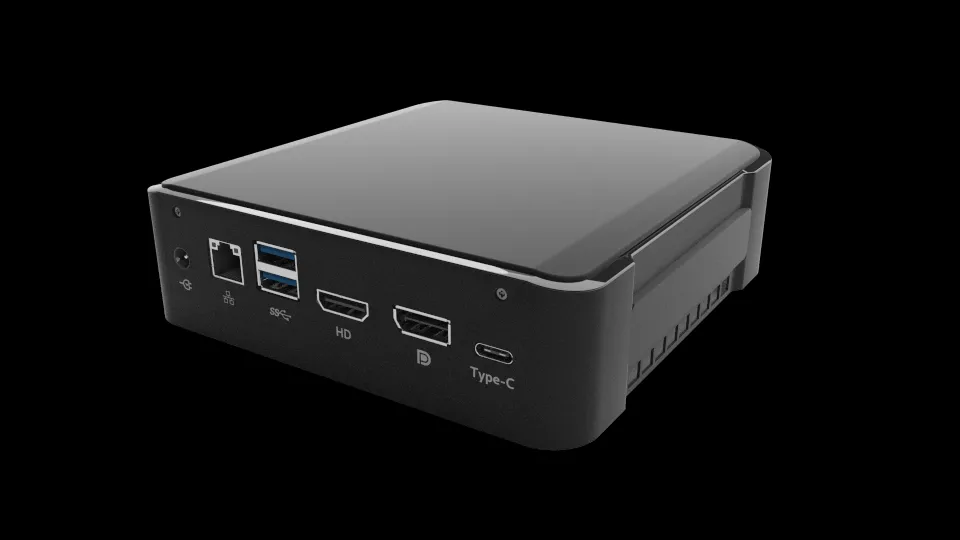 Máy tính mini Purism Librem Mini màu đen, nổi bật với các nút gạt vật lý cho camera, micro, Wi-Fi và Bluetooth
