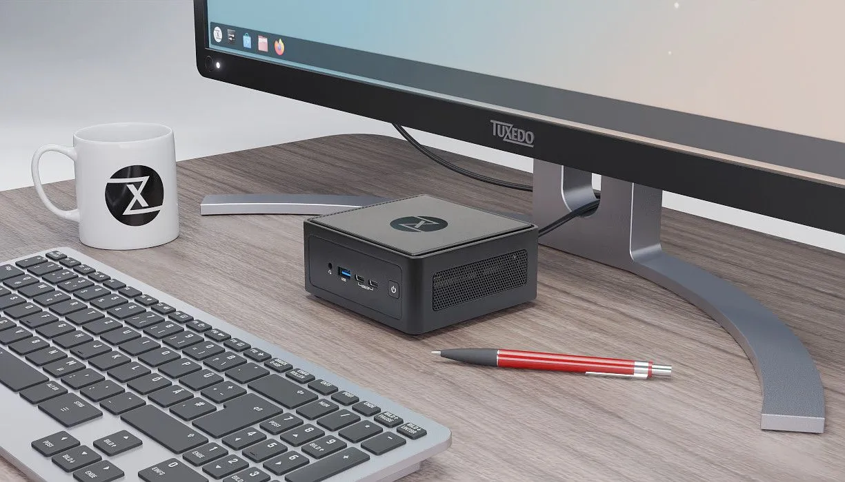 Máy tính mini TUXEDO Nano Pro Gen 13 với thiết kế vuông vắn, màu đen lịch lãm