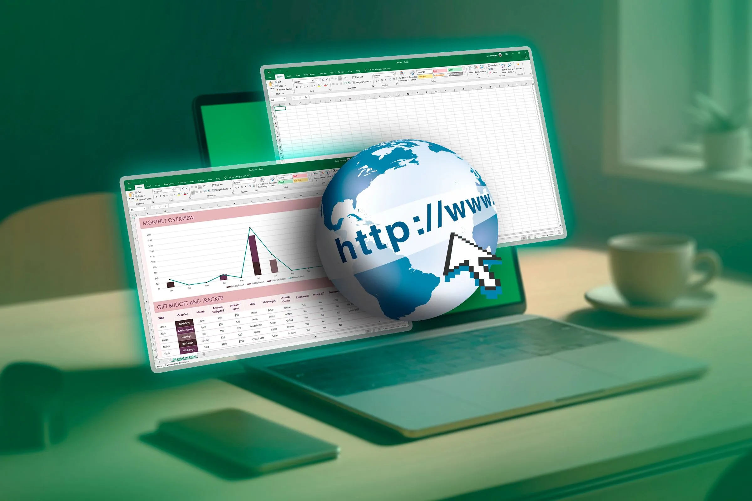 Máy tính xách tay hiển thị hai bảng tính Excel và biểu tượng World Wide Web, tượng trưng cho khả năng xuất file Excel dưới dạng CSV trên nền tảng web.