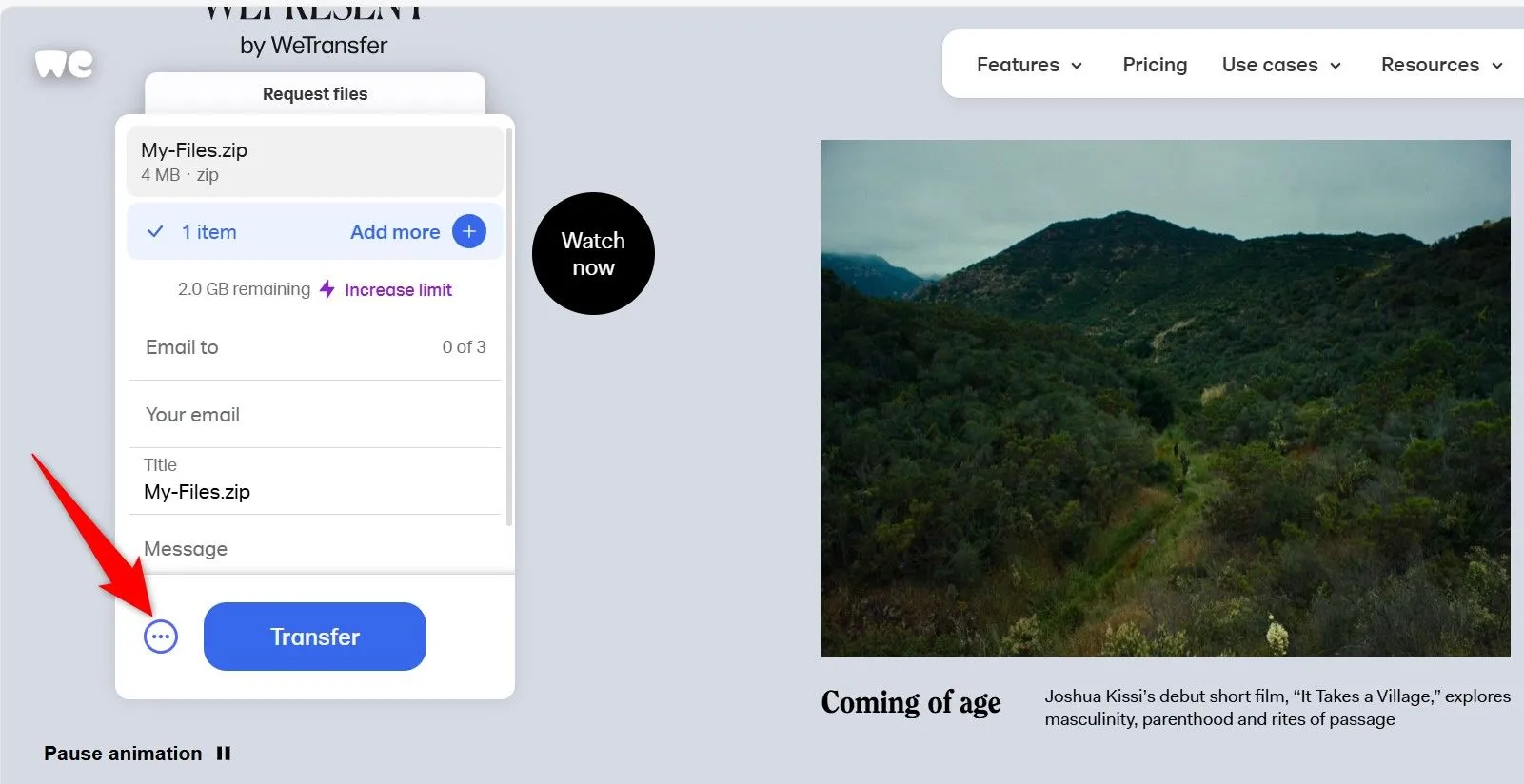 Menu ba chấm nổi bật trên WeTransfer cho phép chọn hình thức chia sẻ file.