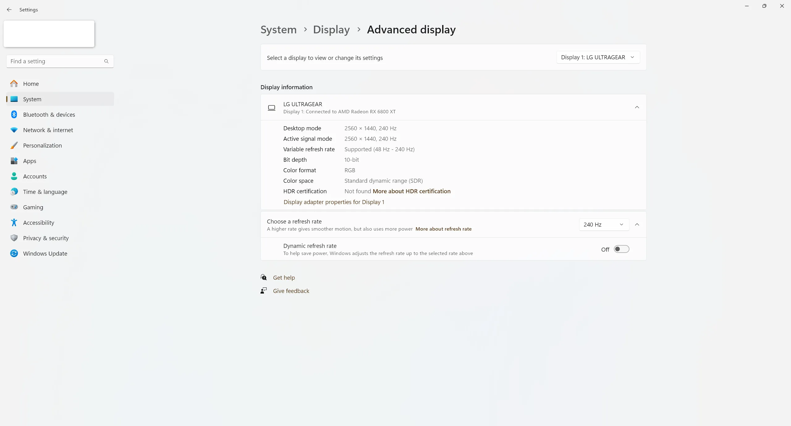 Menu cài đặt tần số quét màn hình trong Windows 11, cho phép người dùng chọn tốc độ làm tươi tối đa để tối ưu trải nghiệm chơi game.