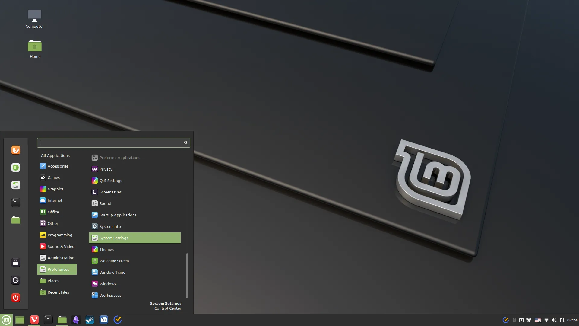 Menu cài đặt và ứng dụng trên Linux Mint Cinnamon, thể hiện giao diện quen thuộc của hệ điều hành này