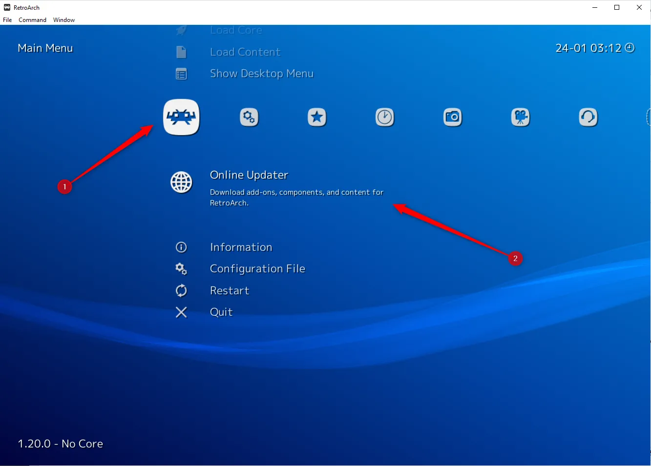 Menu chính của RetroArch với mục Online Updater