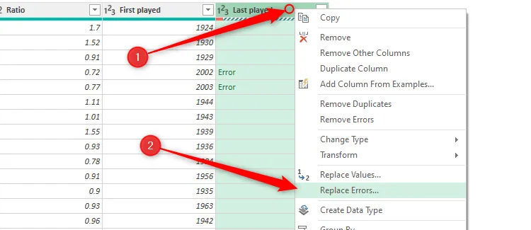 Menu chuột phải của cột trong Power Query Editor mở rộng, với tùy chọn &quot;Replace Errors&quot; được chọn để thay thế các giá trị lỗi.