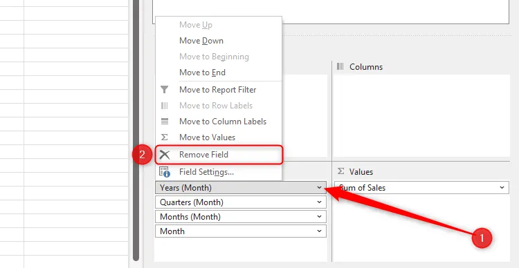 Menu chuột phải để xóa trường khỏi hộp Rows trong PivotTable Fields