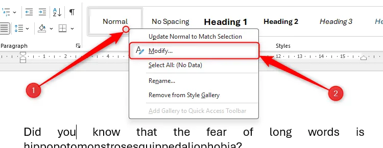Menu chuột phải được kích hoạt trên tùy chọn kiểu Normal trong Microsoft Word và Modify được chọn.