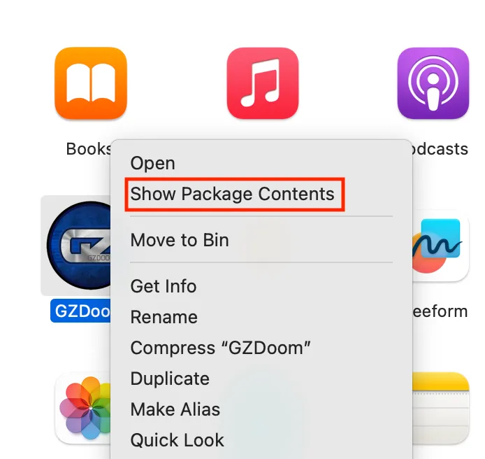 Menu chuột phải hiển thị tùy chọn &quot;Show Package Contents&quot; để xem nội dung gói ứng dụng Mac.
