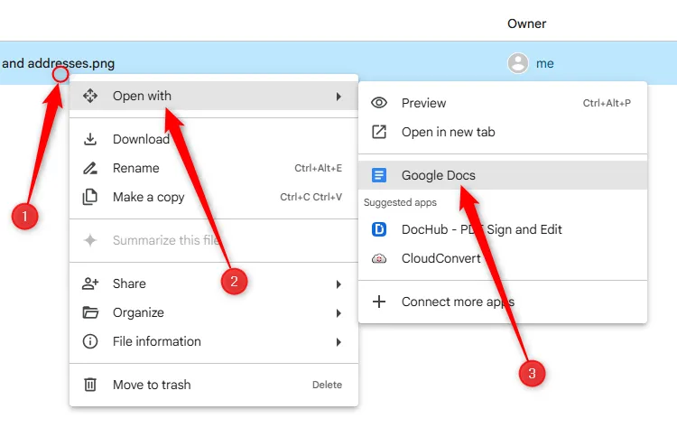Menu chuột phải trên ảnh trong Google Drive, chọn &quot;Mở bằng&quot; và &quot;Google Tài liệu&quot;