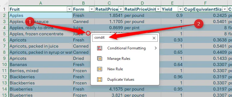 Menu chuột phải trên các ô đã chọn trong Excel, với cụm từ &quot;conditional formatting&quot; được gõ vào ô tìm kiếm
