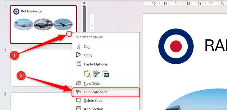 Menu chuột phải trên hình thu nhỏ slide trong PowerPoint, với tùy chọn &quot;Duplicate Slide&quot; được chọn