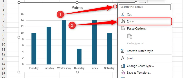 Menu chuột phải trên một biểu đồ trong Excel được mở rộng, với tùy chọn 'Copy' được chọn để sao chép dữ liệu.