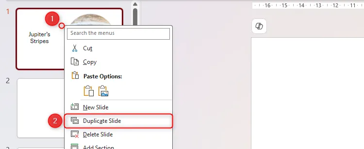 Menu chuột phải trên một slide trong khung hình thu nhỏ của PowerPoint được mở rộng, với tùy chọn 'Duplicate Slide' được chọn để nhân đôi trang chiếu có mô hình 3D.