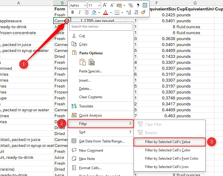 Menu chuột phải trên ô trong Excel, với tùy chọn &quot;Filter By Selected Cell's Value&quot; được tô sáng