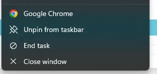 Menu chuột phải trên thanh tác vụ Windows 11 hiển thị tùy chọn 'End task' để kết thúc tác vụ ứng dụng