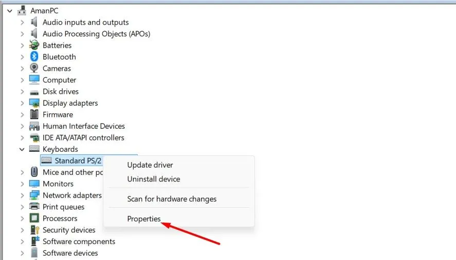 Menu chuột phải trong Device Manager hiển thị tùy chọn Properties cho thiết bị bàn phím.
