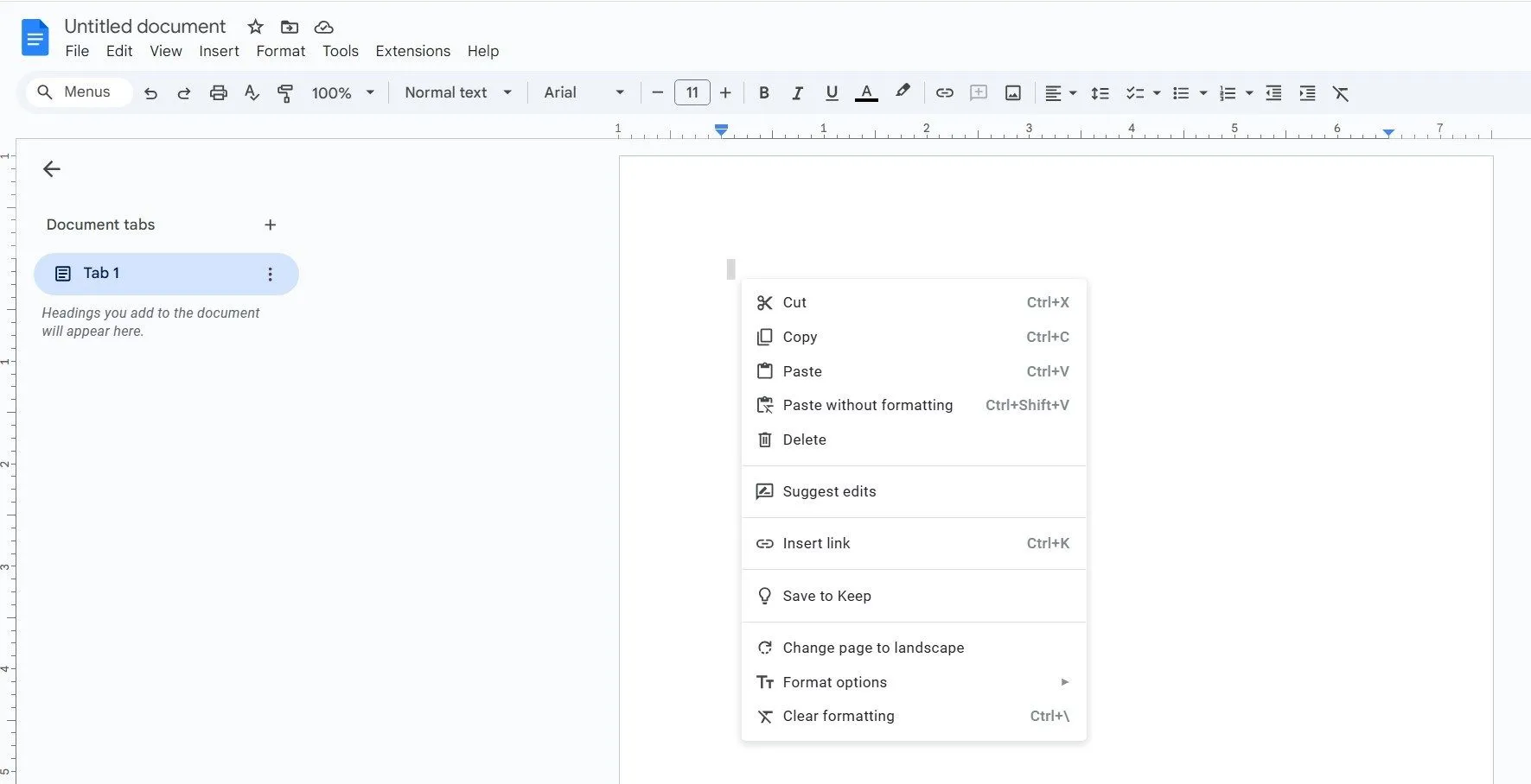 Menu chuột phải trong Google Docs hiển thị tùy chọn &quot;Dán không định dạng&quot; (Paste without formatting).
