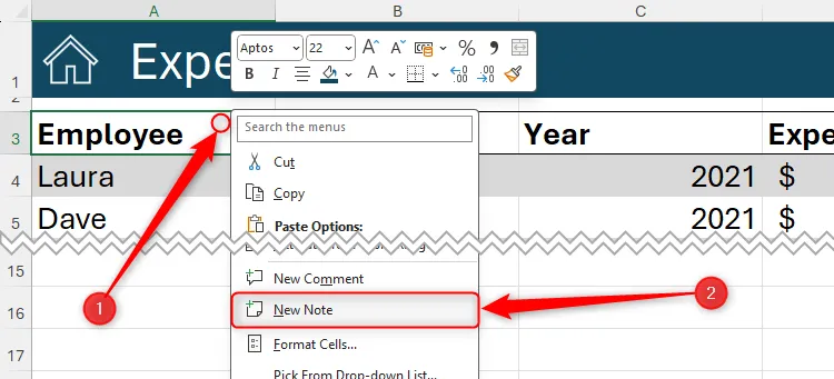 Menu chuột phải trong một ô Excel được mở rộng, với tùy chọn &quot;New Note&quot; được chọn để thêm ghi chú.