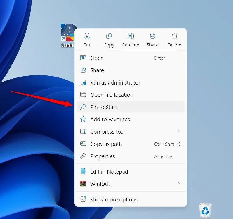 Menu chuột phải với tùy chọn Ghim vào Start trong Windows 11